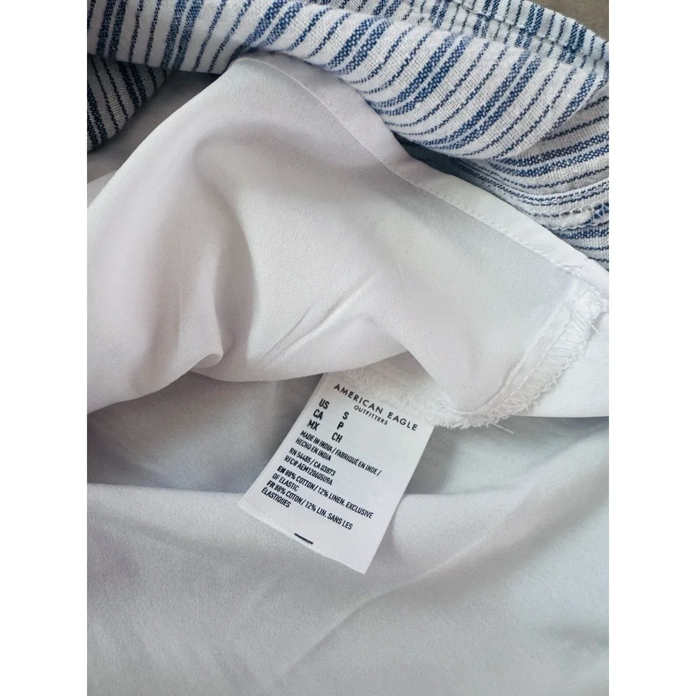 American Eagle Striped Tiered Ruffle Mini Dress Blue White Linen Blend Size S - Picture 8 of 8